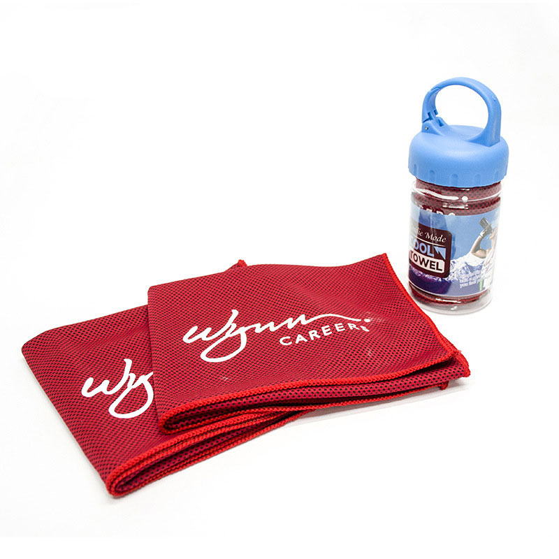 silkscreen printed 2 sides mesh cooling towel with bottle